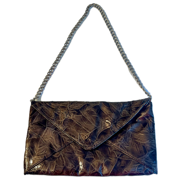 Jessica McClintock Purse Brown Envelope Purse Chain Strap Faux Leather Pocket - Picture 1 of 6